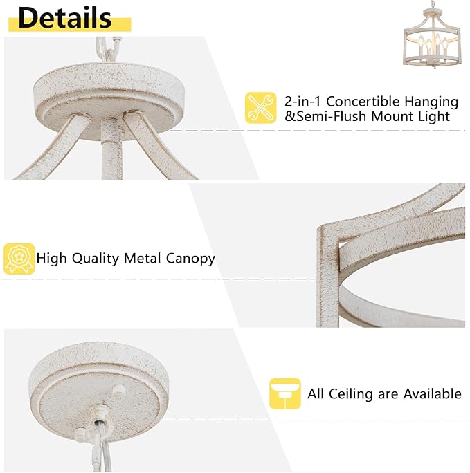 4 Lights Farmhouse Chandelier, Vintage Chandeliers for Dining Room, Rustic Semi Flush Mount Ceiling Light, Antique White Metal Hanging Pendant Light Fixture for Foyer Entryway Kitchen Island