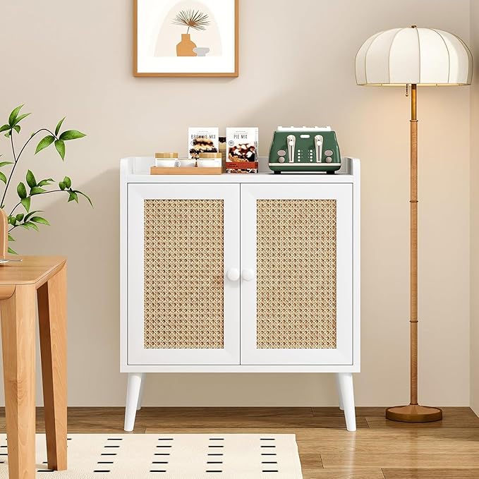 Sideboard Buffet Cabinet with Storage, Rustic Bar Liquor Cabinet with Boho Rattan Decorated Doors, Retro Credenza Console Table for Dining Room Living Room Hallway EntryWay, White