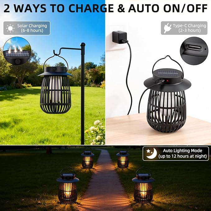 Gen2 Flame Solar Lanterns Outdoor Waterproof, 4Pack Hanging Lantern Decorative Indoor, Flickering Garden Lights Glow in the Dark, Camp Lamp Solar Lights for Outside Patio Tree Porch Table Yard Decor