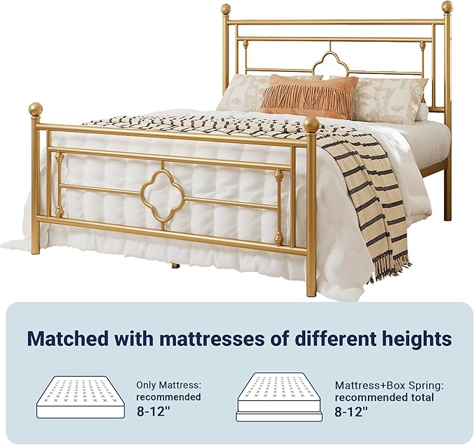 Allewie Full Size Metal Platform Bed Frame with Victorian Vintage Headboard and Footboard/Mattress Foundation/Under Bed Storage/No Box Spring Needed/Noise-Free/Easy Assembly, Gold