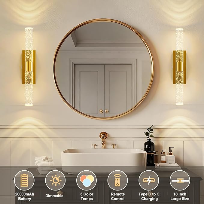 20000mAh Battery Operated Wall Sconces: 17 Inch Rechargeable Wall Lights Set of 2 with Arylic Shade - 3000K-6000K Dimmable Wireless LED Wall Lamp with Remote for Bedroom Bathroom Hallway Living Room