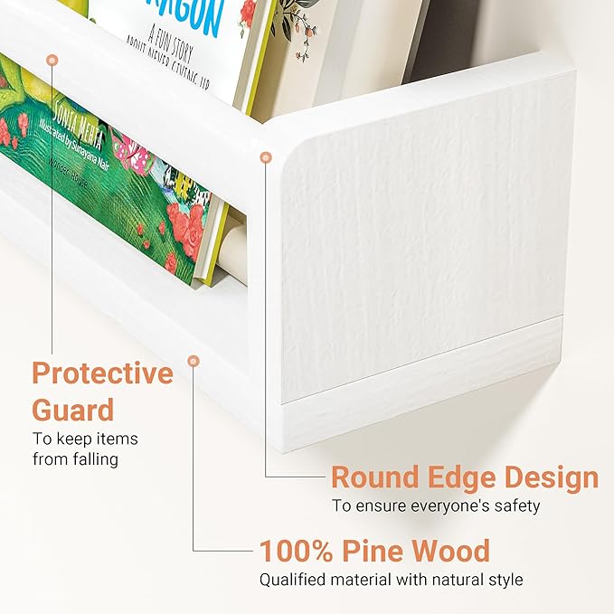 Heimlove Nursery Floating Shelves, Solid Wood Nursery Book Shelves for Wall, 32 inch Bookshelf for Kids, Wall Mounted Shelves for Books,Toys and Decor Storage, Set of 3 (White)