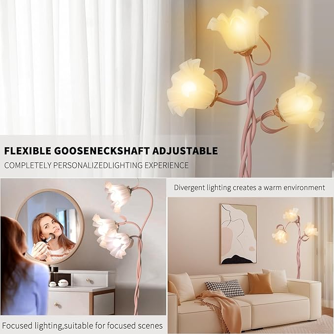 Flower Floor Lamp for Living Room, Tall Standing Reading Lamp with Flexible Neck Shaft for Bedroom Decor, Modern Corner Floor Lamps with 3-Color Temperatures LED Bulb (Pink)