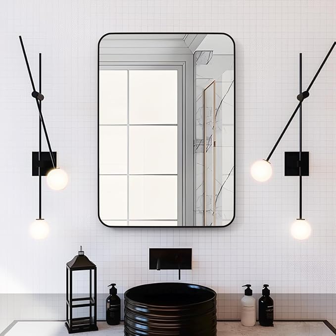 Manocorro Bathroom Mirror for Wall, 20 x 28 Inch Black Rectangular Mirror with Aluminum Alloy Frame, Rounded Corner Hanging Mirror Decor for Entryway, Bedroom, Living Room