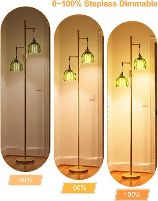 Lightdot 65IN 2-Light Glass Floor Lamp for Living Room, Dimmable Gold Floor Lamps with Emerald Green Glass Floral Shade& Bulb Included, Modern Standing Tall Lamp for Bedroom/Sofa Beside/Corner Decor
