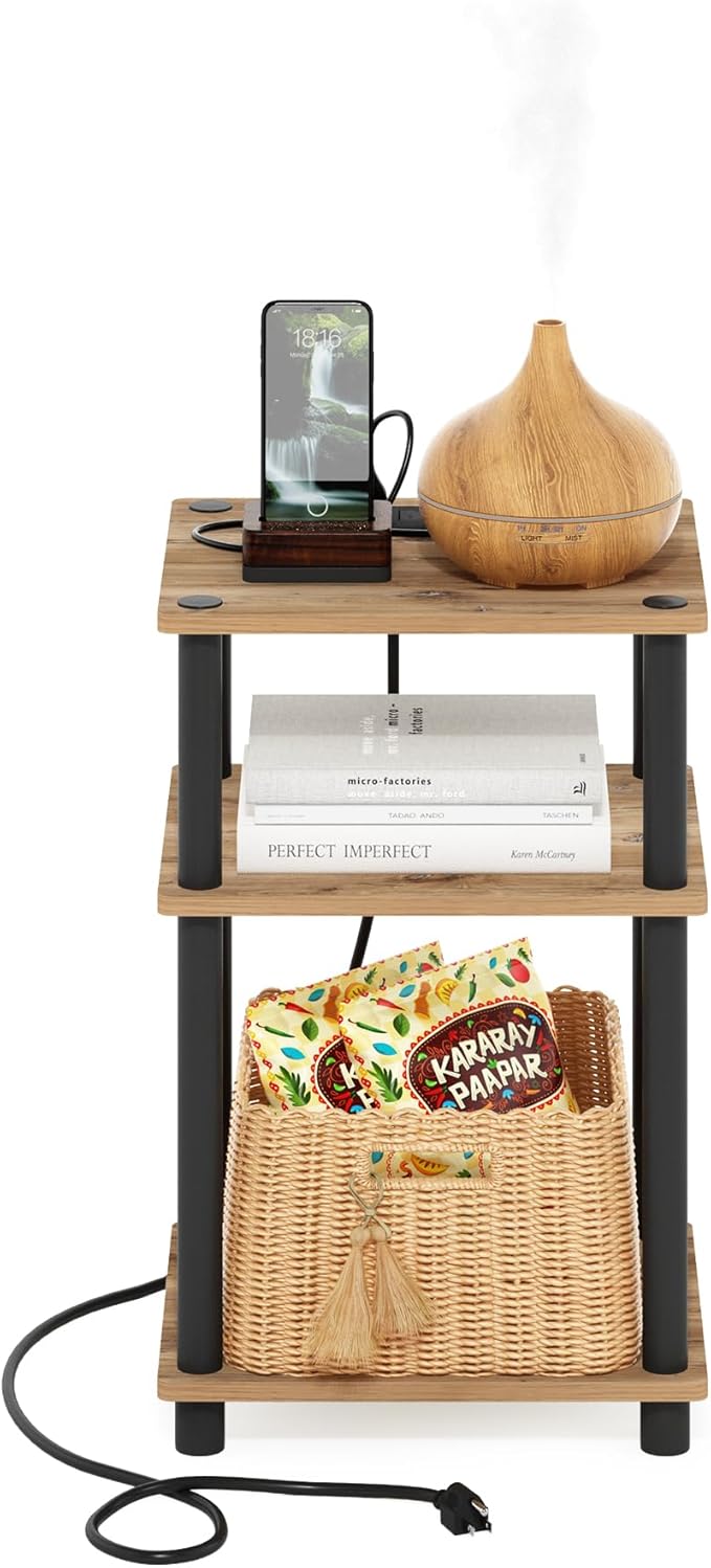 Furinno Just 3-Tier Turn-N-Tube USB and Type-C Charging Port End Table with Open Storage, 11.42 (W) x 8.82 (H) x 6.77 (D) inches, Flagstaff Oak/Black