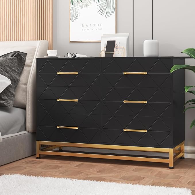 GarveeHome Black Dresser for Bedroom with 6 Drawers, Wood Chest of Drawers, TV Stand, Morden Dresser for Closet, Living Room, Hallway, Nursery