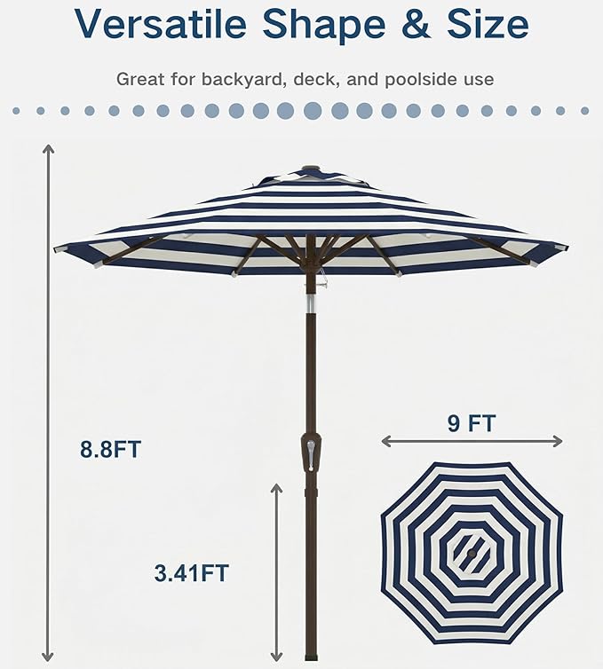 PatioKingdom Auto-Tilt 9FT Patio Umbrella Outdoor with 8 Sturdy Fiberglass Ribs,Market Table Umbrella for Pool,Backyard,Deck and Garden