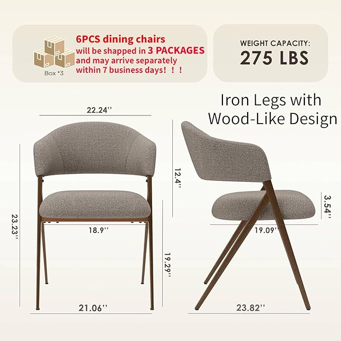 COLAMY Dining Chairs Set of 6, Modern Fabric Upholstered Dining Room Kitchen Side Chairs with Iron Legs, Open Back and Padded Seat, for Living Room/Restaurant/Cafe, Taupe