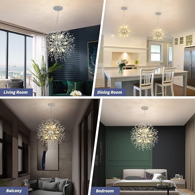 Modern Crystal Chandeliers Firework, 9-Light Chrome Dandelion Sputnik Ceiling Light Fixtures, Sputnik Chandelier Pendant Light for Bedroom Living Room Dining Room Kitchen Island Hallway