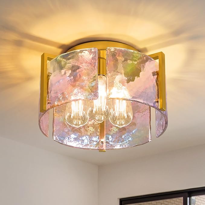 Gold Flush Mount Ceiling Light Fixture: 14.1'' Glass Semi Ceiling Light Fixtures - Mid Century Drum Kitchen Entryway Foyer Lighting - Modern Lights for Living,Dining Room Hallway Bathroom Bedroom