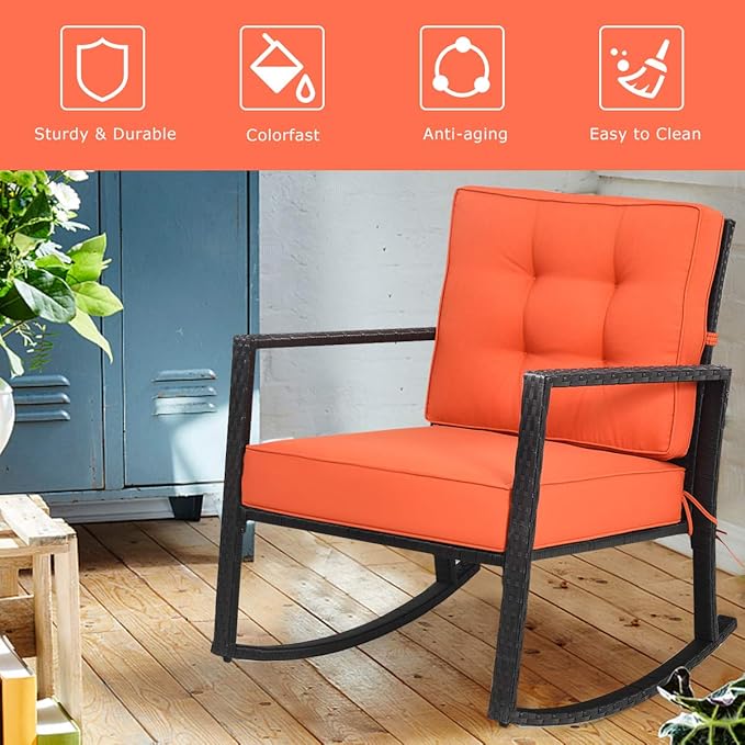 Tangkula Wicker Rocking Chair, Outdoor Rattan Rocker Chair with Heavy-Duty Steel Frame, Patio Furniture Seat with 5” Thick Cushion for Garden, Porch, Backyard, Poolside (1, Orange)