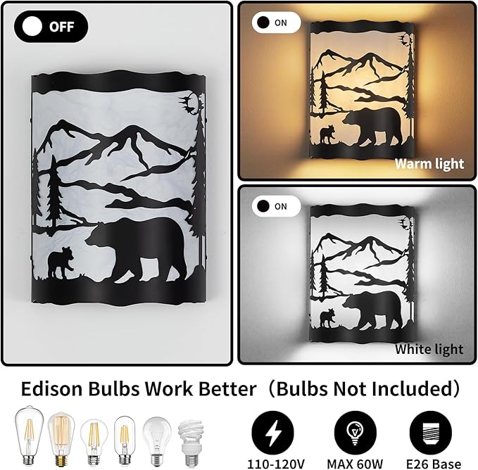 Rustic Bear Sconce Wall Lamp with Shade – E26 Base, Large Modern Farmhouse Wall Light for Bedroom, Living Room, Hallway, Stairway, Headboard, Porch-13 H*10 W*5 D（in）