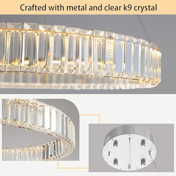 32'' Modern Ring Chandelier Crystal Chandeliers for Dining Room Round LED Dimmable Ceiling Light Fixture for Living Room Bedroom Lighting Silver