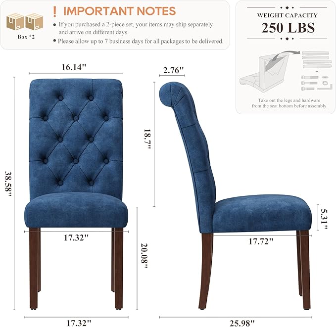 Upholstered Tufted Dining Room Chairs Set of 4, Parsons Kitchen Chairs with Padded Seat and Solid Wood Legs, Fabric Accent Side Diner Chair for Dining Room/Kitchen/Living Room, Blue