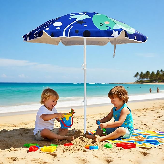 LOTTAFUN Water Table Umbrella Kid 5ft Beach Umbrella - Heavy Duty Wind Resistant UV 50+ Portable Sun Shade with Sand Anchor & Carry Bag, Outdoor Folding Umbrella for Beach,Pool,Patio,Garden (Dophin)