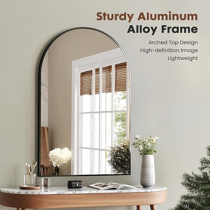 Wall Mounted Mirror, 26"x38" Arched Wall Bathroom Mirror, Black Vanity Wall Mirror with Metal Frame, Modern & Contemporary Arch Top Wall Mirror for Bedroom, Entryway, Living Room,Black