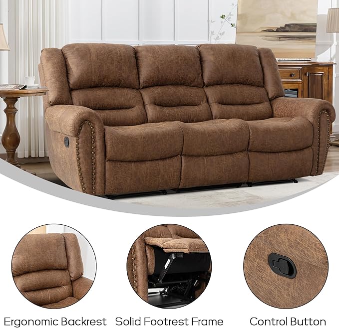 EBELLO Faux Leather Manual Reclining Sofa Recliner, 3 Seat Loveseat Sofa Chair, Couch for Living Room, Bedroom Furniture, Meeting Room, Brown (3 Seat Sofa)