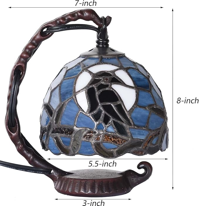 Bieye L12011 Raven Sitting on Bare Tree Branch in Full Moon Night Tiffany Style Stained Glass Table Lamp for Home Decor (Dark Blue, 7Wx5.5Dx8H)