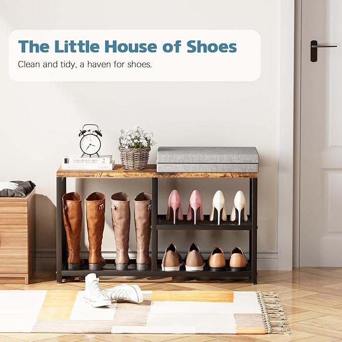 Shoe Rack for Entryway, Freestanding Hidden Shoe Storage Organizer, Boot Shoe Bench Shelves for High Heels with Seat cushion, Narrow Wood Shoe Rack for Entrance Closet, Hallway, 3 Tier (Brown + Gray)