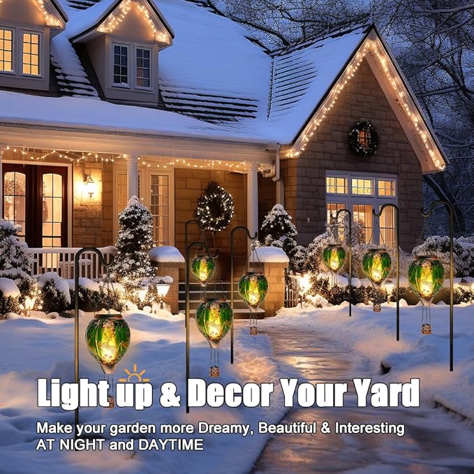 Solar Powered Hot Air Balloon Lantern - Reindeer Glass Lantern, Simulated Flickering & Dancing Flame, Outdoor Hanging Yard Light Waterproof IP65 for Patio Lawn Porch Christmas Decor Gift