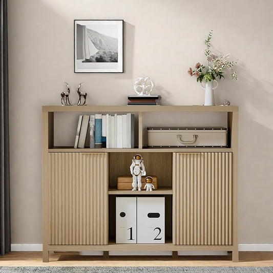 FONTOI Sideboard Buffet Cabinet, Thicken Wood Storage Cabinet with 4 Large Open Shelf, Farmhouse Credenzas with 2 Fluted Doors, Modern Accent Buffet Credenzas for Living Room, Entryway, Natural