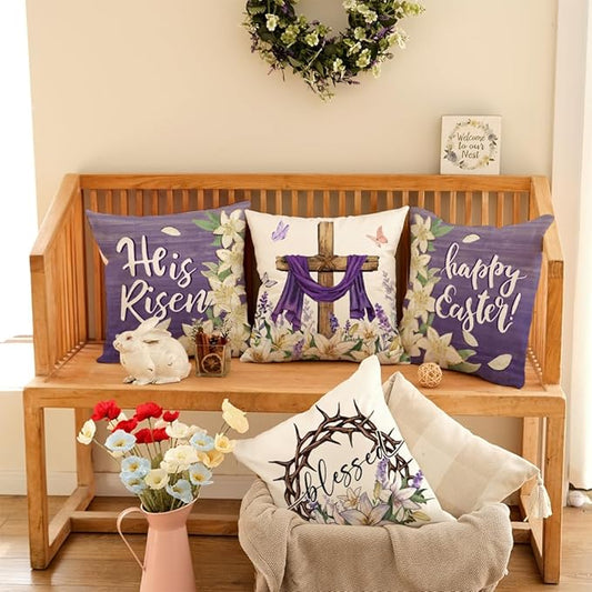GEEORY Happy Easter He is Risen Throw Pillow Covers 18x18 Inch Set of 4, Cross Flower Wreath Blessed Spring Decorative Farmhouse Holiday Cushion Case for Home Decoration (Purple) G680-18