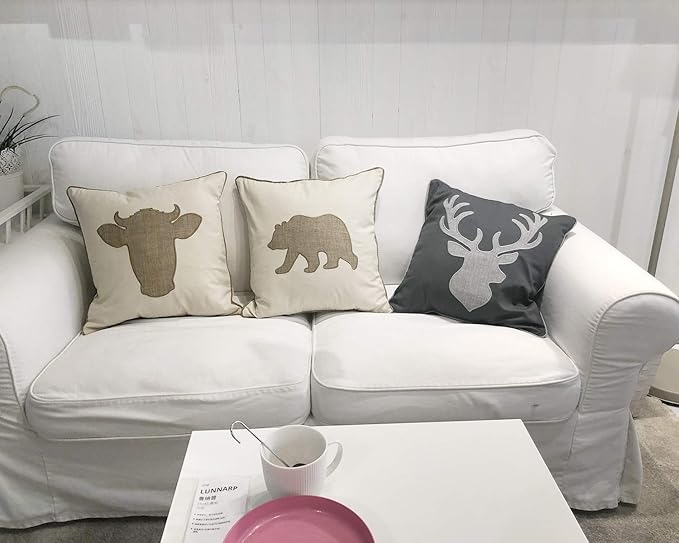 Deer Head Pillow Case Decorative Cotton Linen Embroidered Cushions Covers 18x18 Inches (Grey) …