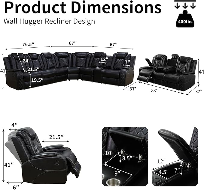 Power Leather Recliner Sectional Sofa with LED Light,L Shaped Reclining Couch with USB Charger/Cup Holder/Storage,Leather Sofa for Living Room/Home Theater(Black,Sectional+3 Seats)