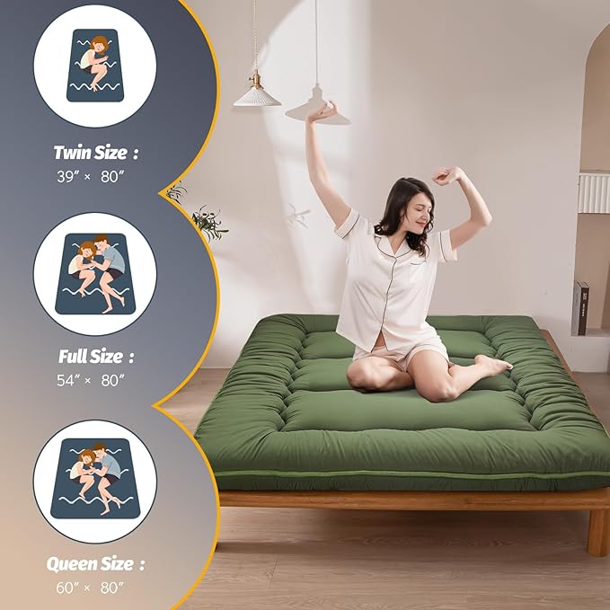 MAXYOYO 6" Extra Thick Japanese Floor Mattress Futon Mattress, Foldable Tatami Pad for Adults, Roll Up Floor Bed for Guest Room Bedroom RV, Green, Full