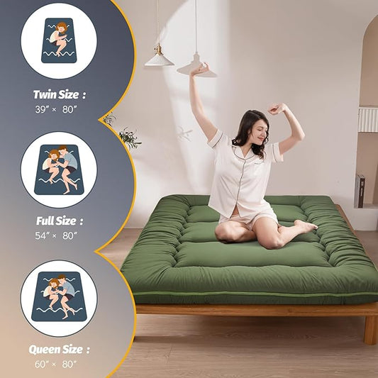 MAXYOYO 6" Extra Thick Japanese Floor Mattress Futon Mattress, Foldable Tatami Pad for Adults, Roll Up Floor Bed for Guest Room Bedroom RV, Green, Full