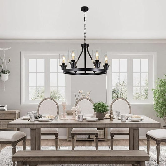 6-Light Farmhouse Chandelier Light Fixture Dining Room Lighting Fixtures Hanging Wagon Wheel Chandelier Kitchen Island Pendant Lights Modern Black Industrial Rustic Adjustable Height Metal
