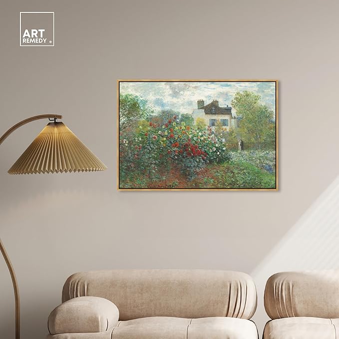 Art Remedy Monet-Garden With Dahlias Impressionism Classic Landscape Paintings Canvas Wall Art, Gold Floater Frame, 36"x54"