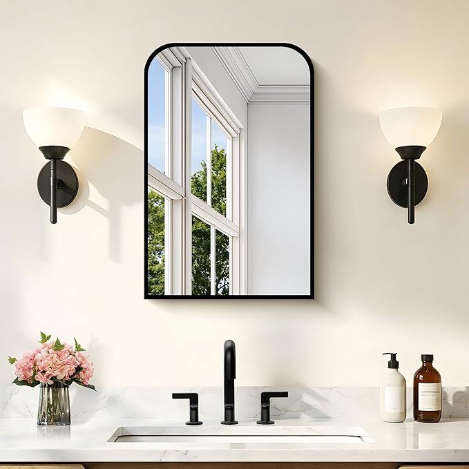 Bathroom Mirror, 16x24 inch Black Rectangle Wall Mounted Mirror with Thin Frame, Bathroom Vanity Mirrors for Over Sink, Entryway, Living Room, Bedroom