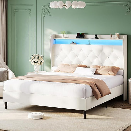 King Size Bed Frame with Tall Headboard, Velvet Upholstered Platform Bed with LED Lights & Charging Station, 52.7"-55" Adjustable/Modern Tufted Wingback Storage Headboard, No Box Spring Needed, Cream