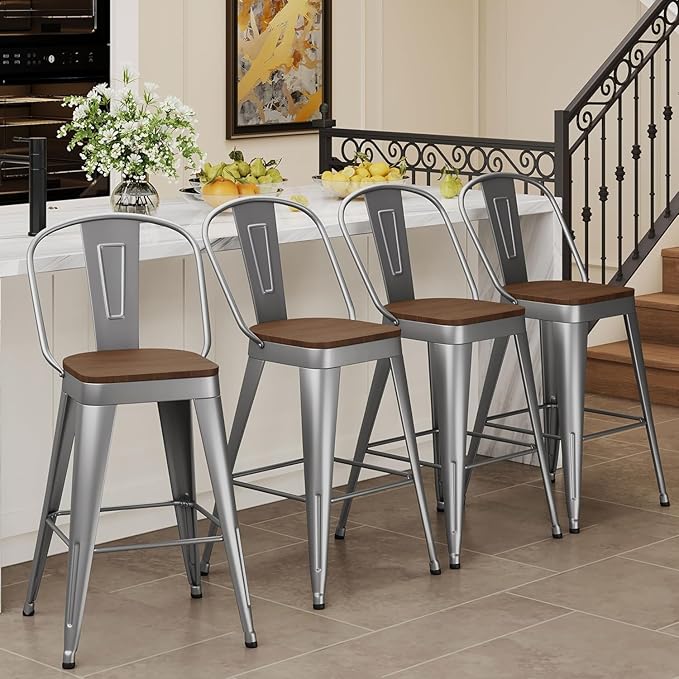 Andeworld Metal Bar Stools Set of 4, 26 inch Counter Height Barstools with Backs Farmhouse Modern High Back Bar Stools with Larger Seat Kitchen Dining Bar Chairs,Silver