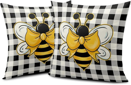 Cute Honey Bee Throw Pillows Case 24x24 Pack of 2 Buffalo Plaid Pillow Cover Spring Summer Pillows for Couch Cotton Blend Soft Touch Home Decor for Living Room Sofa