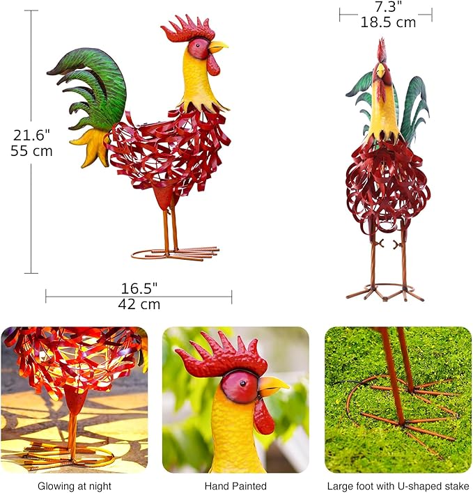 Solar Rooster Statue Garden Decor - 21.7 Inch Yard Decor & Perfect Rooster Gifts for Women, Outdoor/Indoor Red Rooster Decor - Stylish Metal Design (Rooster)