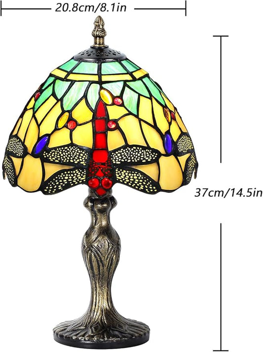 MIAOKE Stained Glass Table Lamp,Stained Glass Crystal Bead Style Table Light,Handmade Desk Bedside Night Light,Antique Art Craft Gifts Living Room Bedroom Bookcase(Green&White Dragonfly)