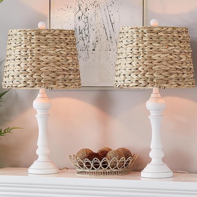 Maxax 26" Boho Rattan Table Lamps Set of 2 for Living Room, Coastal Bedside Lamps with Rattan Shade, Farmhouse Cottage Wicker Lamps, Rustic Resin Nightstand Lamps for Bedroom, White