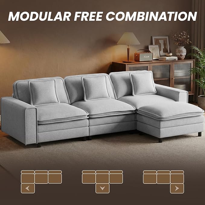 MALOL Modular Sectional Sofa 107", Comfy Cloud Couch with Ottoman, Deep 4-Seat L Shaped Modular Sofa, Couches with Throw Pillows for Living Room, Light Grey
