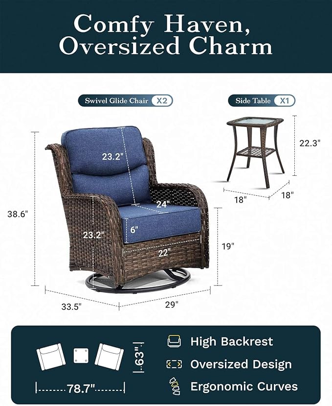 Outdoor Swivel Rocker Patio Chairs with 6-Inch Thick Cushions and Side Table, 3PCS High Back Wicker Patio Furniture Set for Porch, Balcony, Deck and Yard in Blue
