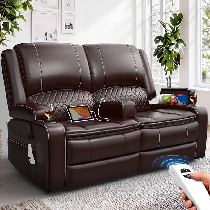 Yolsali Power Reclining Loveseat with Remote Control, Zero Wall Hugger RV Loveseat Recliner Sofa for Living Room with Removable Armrest, 2-Tier Cushions, Hidden Storage & USB Ports, PU Leather Brown