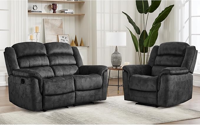 EBELLO 2 Pieces Reclining Loveseat Couch Furniture Set, Soft Fabric Manual Recliner Sofa Home Theater Seating, Manual Recliner and Wide 2PC Bonded Recliner Sofa Set for Living Room, Grey