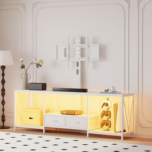 63" W TV Stand with Mount for 55,65,75" TV,Entertainment Center with Power Outlet and Led Lights,Height Adjustable TV Console Table with Open Storage Shelves and Fabric Drawers (White, 63" W)