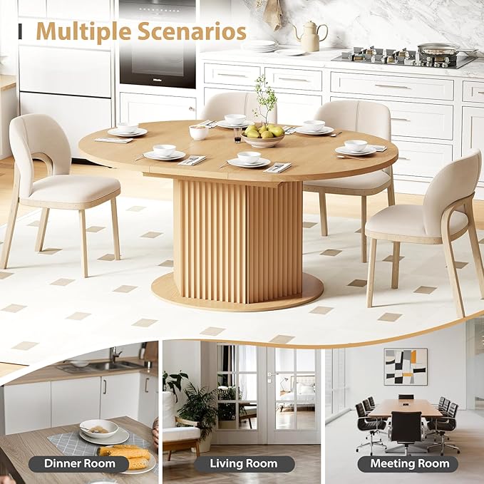 47.24"-62.99" Oval Expandable Dining Table, Round Dining Table for 4-6 People with Distinctive Knurled Base, Round Kitchen Table with Slide Metal Track for Kitchen,Living Room-Light Brown