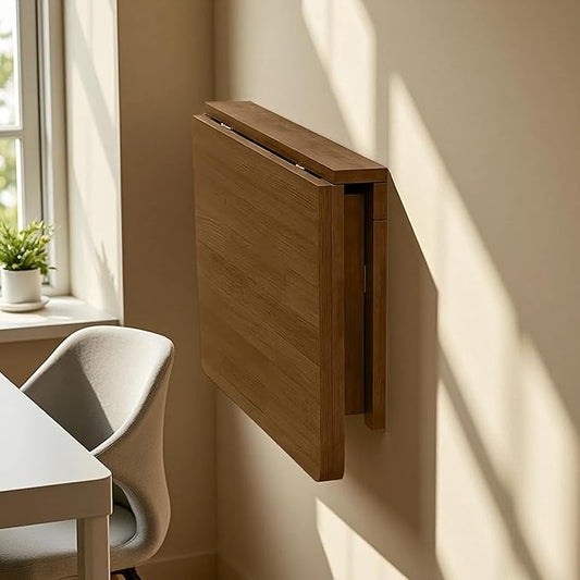 MM MELISEN Wall Mount Folding Table - 37x22 Inch, Walnut Versatile Table for Kitchen prep or Craft Studio. Solid Wood Surface Folds Flat. Perfect for Meal prep and Creative Projects