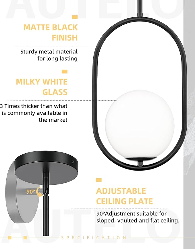 AUTELO Matte Black 1 Light Pendant Lights Kitchen Island, Mid Century Modern Light Fixtures with Milky White Globe Glass, Black Hanging Lamp for Kitchen Island H9376 MGBK