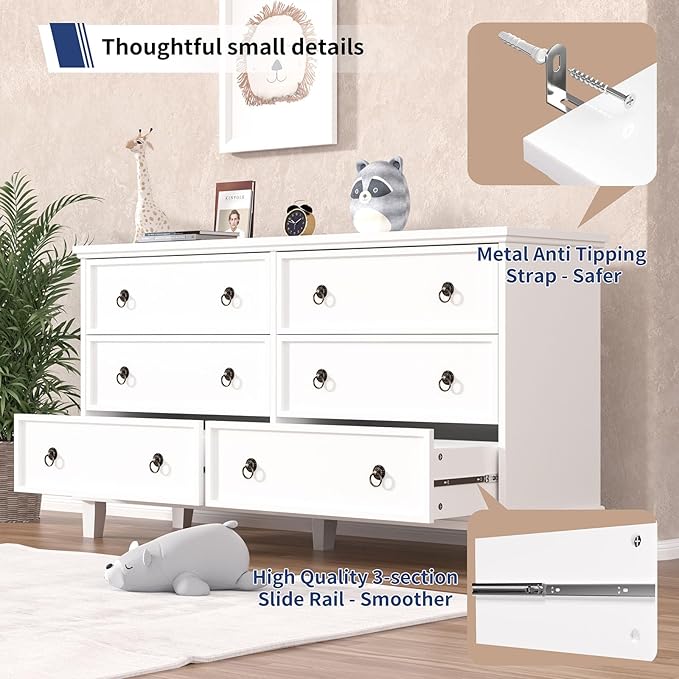 Large Dressers for Bedroom, 53.1" Wide White Farmhouse Dresser 6 Drawers, Wood Large Chest of Drawers for Bedroom, Living Room, Hallway