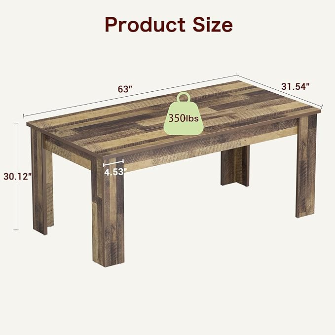 Garvee Wood Farmhouse Dining Table for 4-6, Heavy Duty Large Kitchen Table, 63 Inches Long Rectangular Dining Room Tables with Strong Legs, Thickness Tabletop, for Big Family, Dinette, Rustic Brown